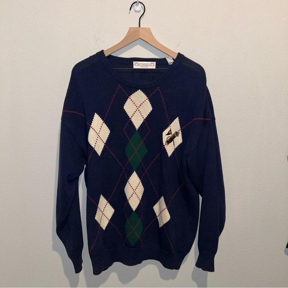 Vintage John Ashford Golf Sweater Blue Knit Golfer Adult Large Pre-Owned